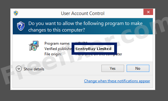Screenshot where SentryBay Limited appears as the verified publisher in the UAC dialog